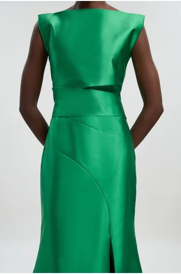 Satin Twill Draped Waist Structured Tailored Maxi Dress