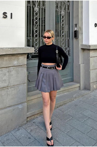 Smoked Full Pleated Women's Mini Skirt with Belted Lining Shorts