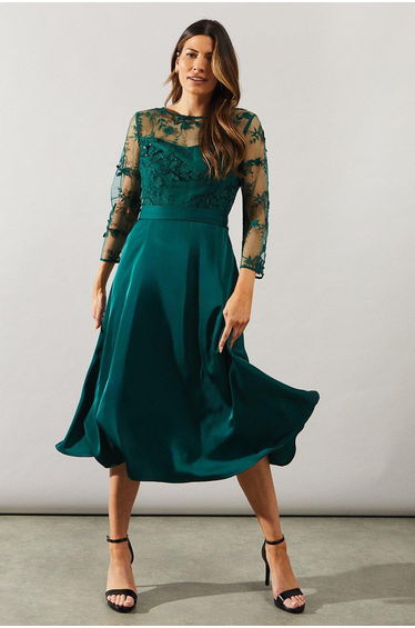 Satin And Mesh Overlay Fit And Flare Dress