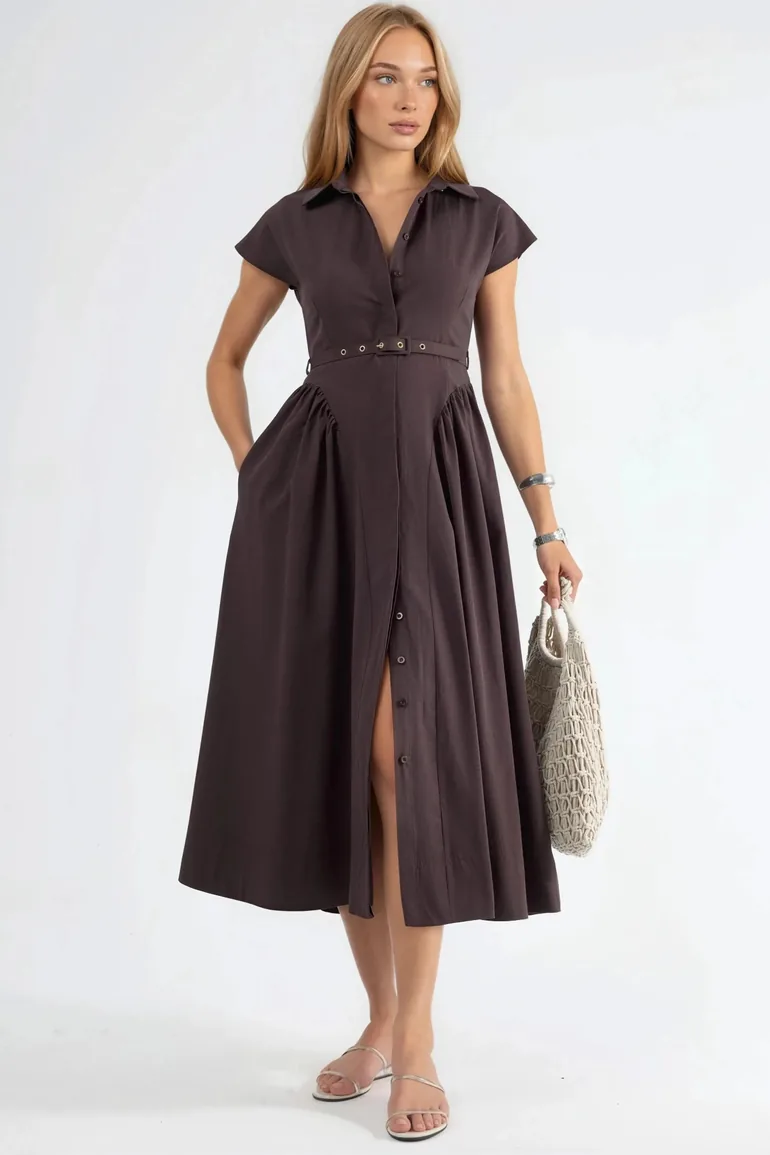 BUSEM Belted Midi Dress with Shirt Collar