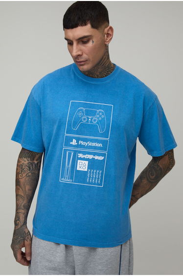 Tall Oversized PlayStation License Washed Printed T-Shirt - blue