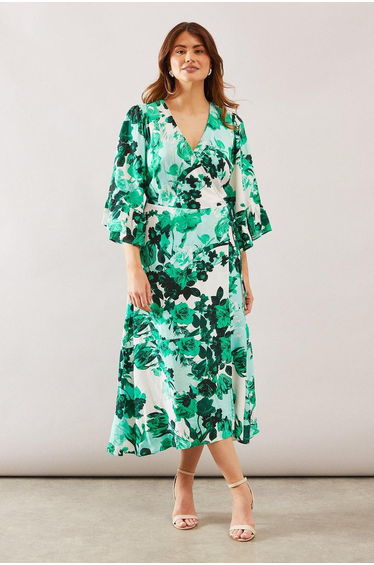 Floral Wrap Ruffle Midi Dress
