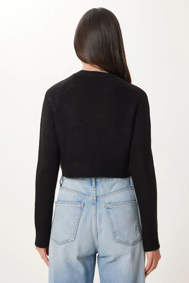 Women's Black Crew Neck Crop Knitwear Sweater - 3