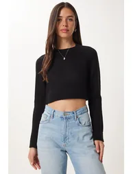 Women's Black Crew Neck Crop Knitwear Sweater - 1