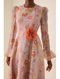 Floral Print Lace-Up Bell Sleeve Midi Dress - 6