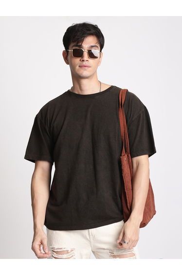 Men Brown Oversized Acid Wash T-Shirt