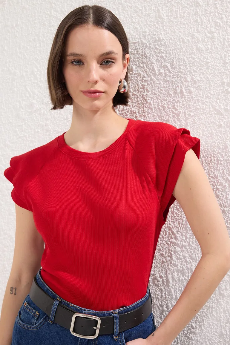 Red Ruffle Sleeves Fitted/Fits Body Ribbed Knitted Blouse