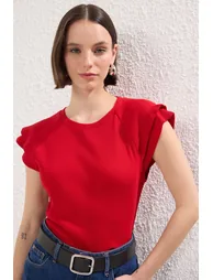 Red Ruffle Sleeves Fitted/Fits Body Ribbed Knitted Blouse