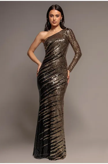 One Sleeve Diagonal Sequin Maxi - Gold by Goddiva