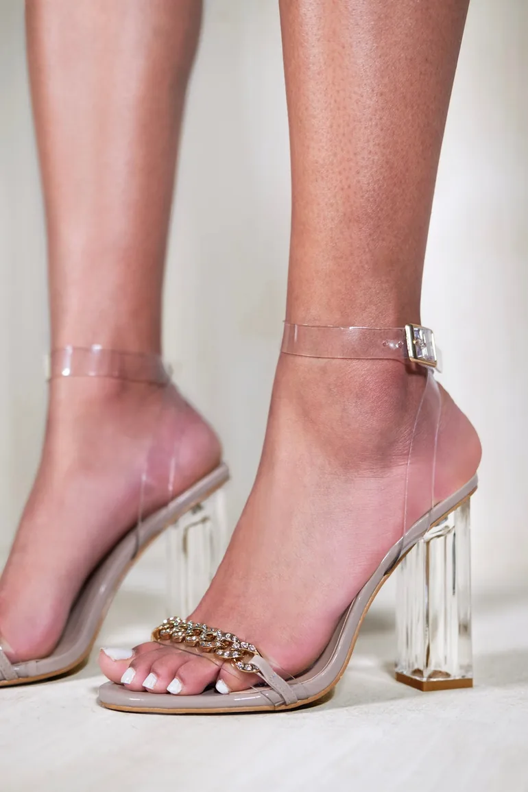 ATHENA PERSPEX BLOCK HEEL WITH DIAMANTE CHAIN STRAP IN NUDE - 1