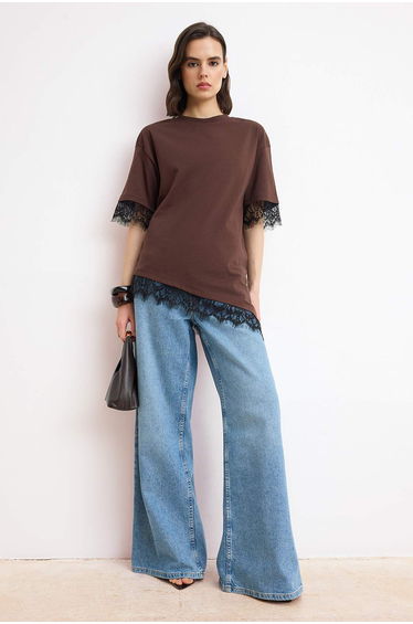 Brown Regular/Normal Fit Low Sleeve Short Sleeve Soft Touch Knitted T-Shirt