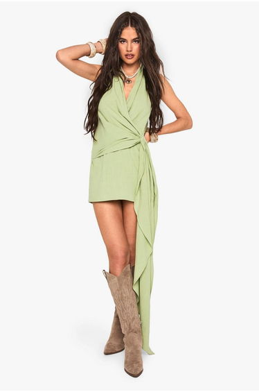 Linen Look Drape Cowl Wrap Mini Dress - green