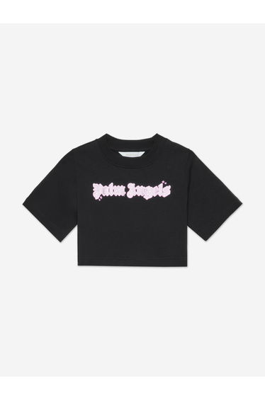 Palm Angels Girls Shiny Studs Cropped Over T-Shirt in Black