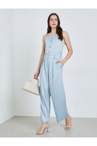 Women Blue Fold Pleat Wide Leg Formal Pants