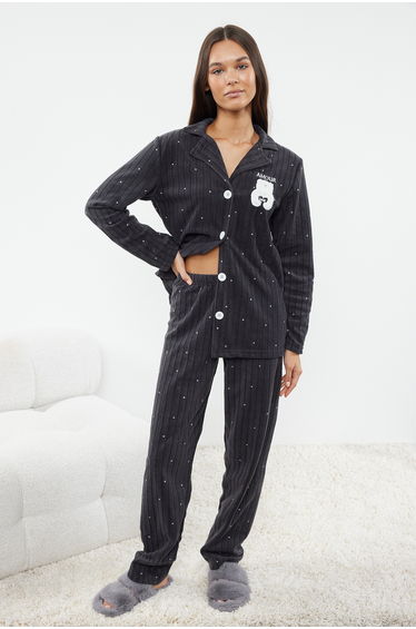 Anthracite Fleece Polka Dot Animal Printed Shirt-Pants Knitted Pajama Set