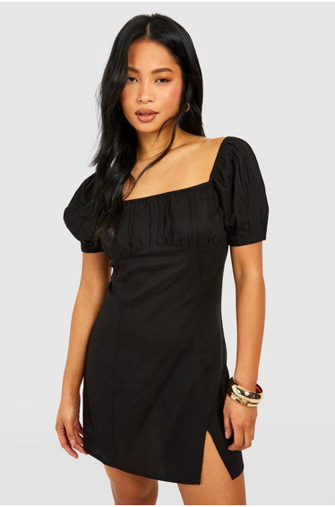 Petite Linen Milkmaid Mini Dress - black