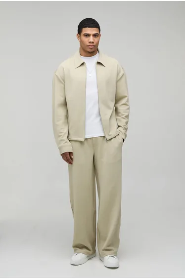 Jersey Herringbone Regular Zip Up Harrington & Baggy Trouser Set - stone