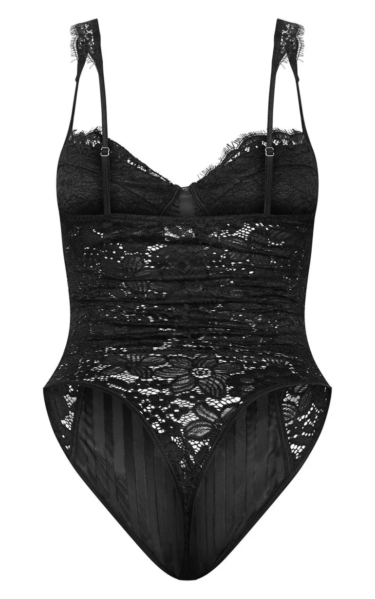 Shape Black Lace Mesh Stripe Bodysuit - 2