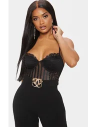 Shape Black Lace Mesh Stripe Bodysuit