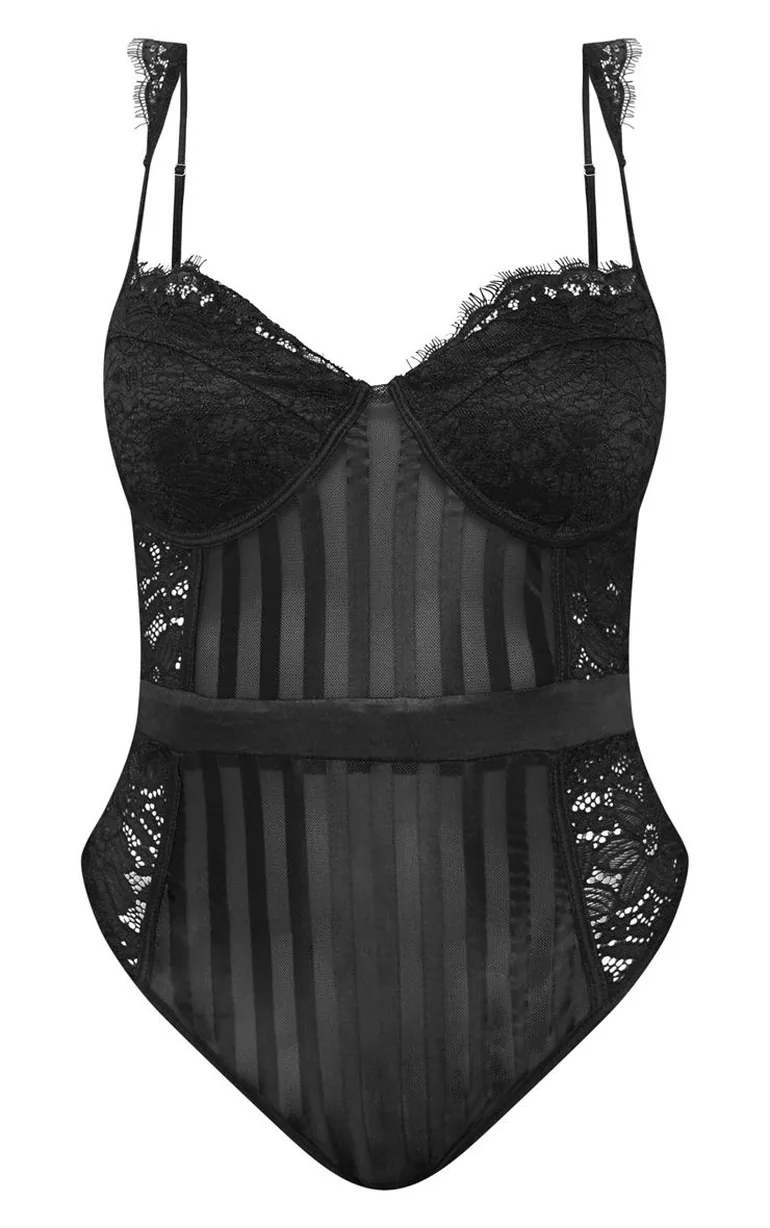 Shape Black Lace Mesh Stripe Bodysuit - 1
