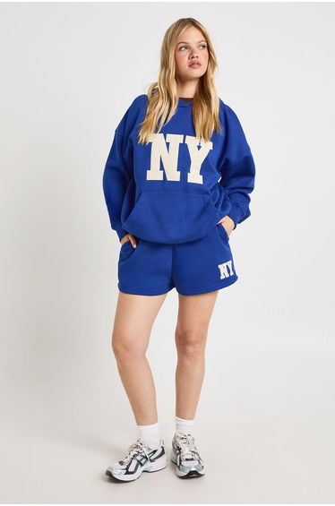 Petite NY Applique Hooded Short Tracksuit - cobalt