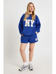 Petite NY Applique Hooded Short Tracksuit - cobalt