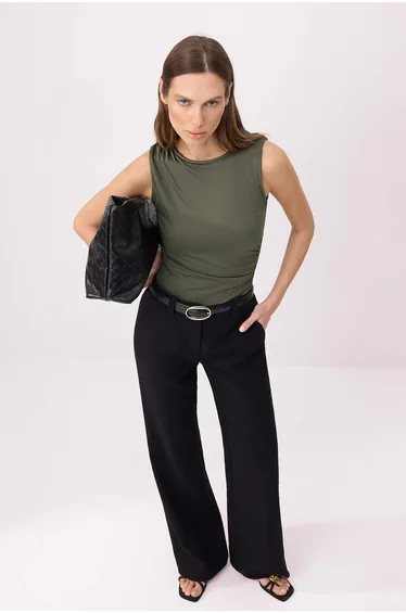 Light Khaki Plain Fitted Crew Neck Sleeveless Snap Fastener Stretchy Knitted Body