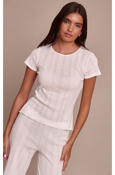 Cream Pointelle Fitted Longline T-Shirt