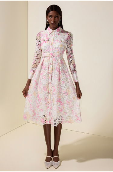 Lace Floral Single Breasted Midi Dress With Belt