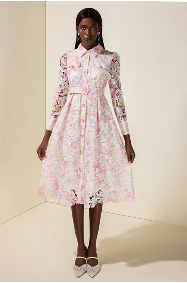 Lace Floral Single Breasted Midi Dress With Belt