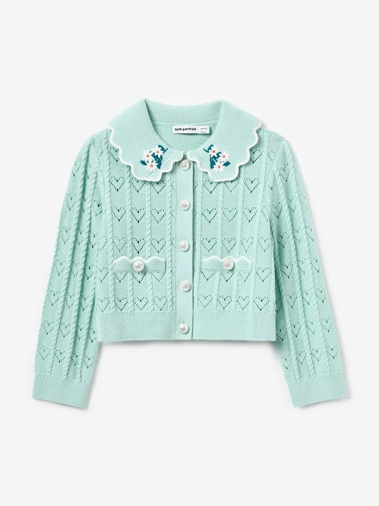 Self Portrait Girls Heart Knit Cardigan in Green