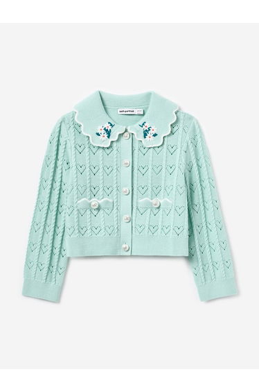 Self Portrait Girls Heart Knit Cardigan in Green