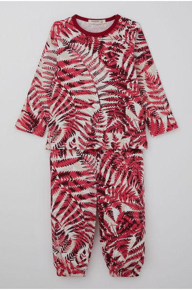 Baby Girl Pajama Set, Forest Theme, Leaf Pattern, Burgundy