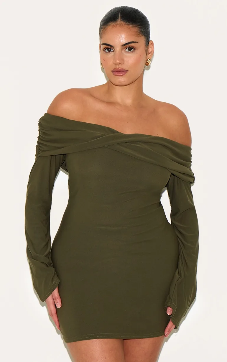 Plus Khaki Soft Touch Twist Detail Bardot Bodycon Dress Prettylittlething : Party Dresses : VogaCloset Bahrain Plus Khaki Soft Touch Twist Detail Bardot Bodycon Dress Prettylittlething : Party Dresses : VogaCloset Bahrain
