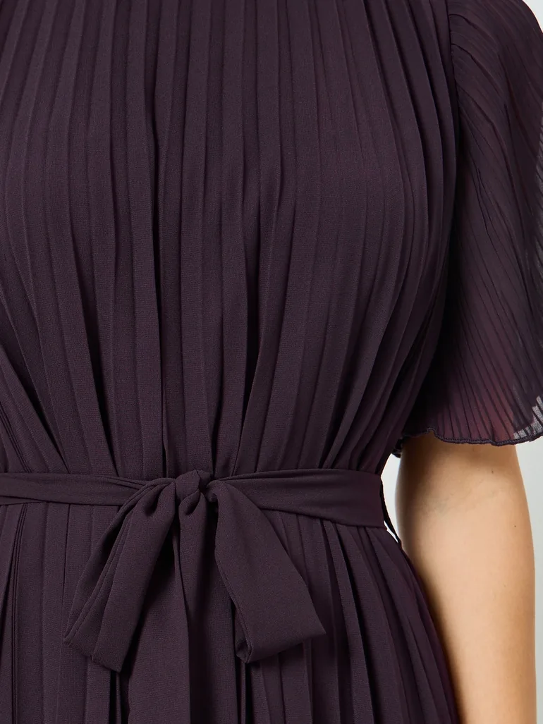 Women Pleated Maxi Dress with Tie-Belt - 3