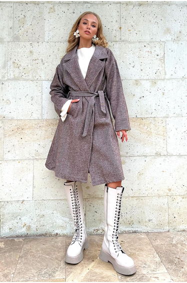 Women's Brown Double Breasted Waist Belted Herringbone Patterned Stamp Coat