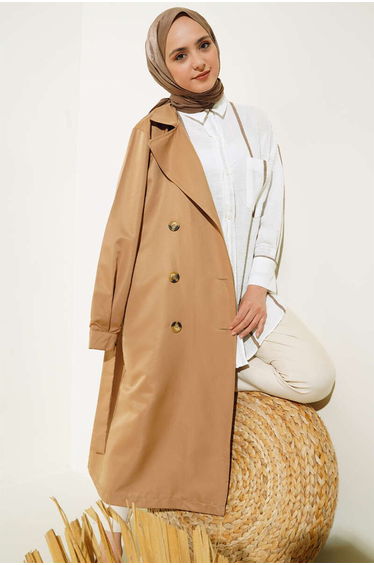 Double Breasted Hijab Trench Coat - Tan