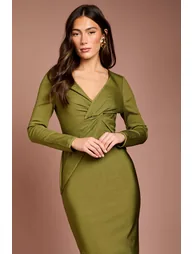 Long Sleeve Twist Front Bandage Midi Dress - 3