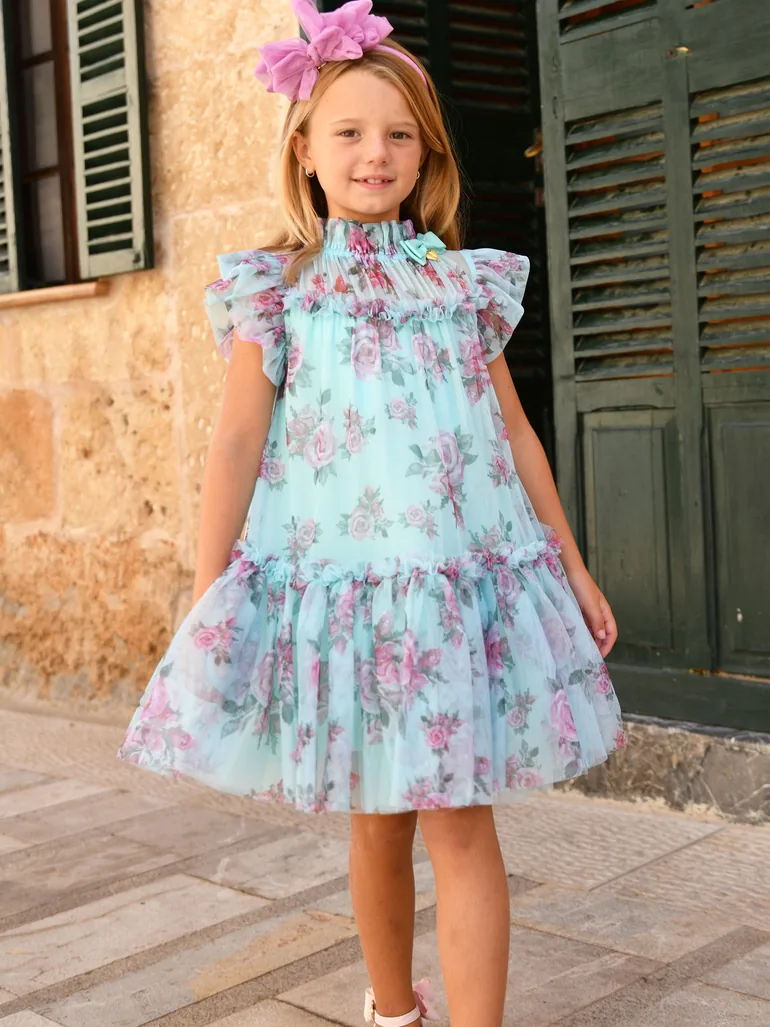 blue flower dress prom Wedtrend Women Blue Prom Dress A-Line Off The Shoulder Floral Print Pleated  Tulle Formal Dress – WEDTREND main image 1