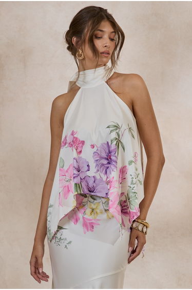 Sancelle | Cream Border Floral Print Matte Satin Halter-Neck Top