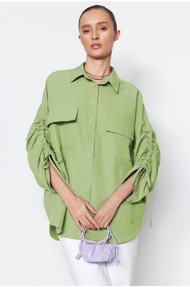 Lime Sleeves with Adjustable Gathering Detail Woven Cotton Shirt