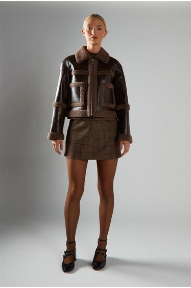 Shearling Crop Coat - Dark Brown