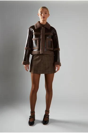 Shearling Crop Coat - Dark Brown