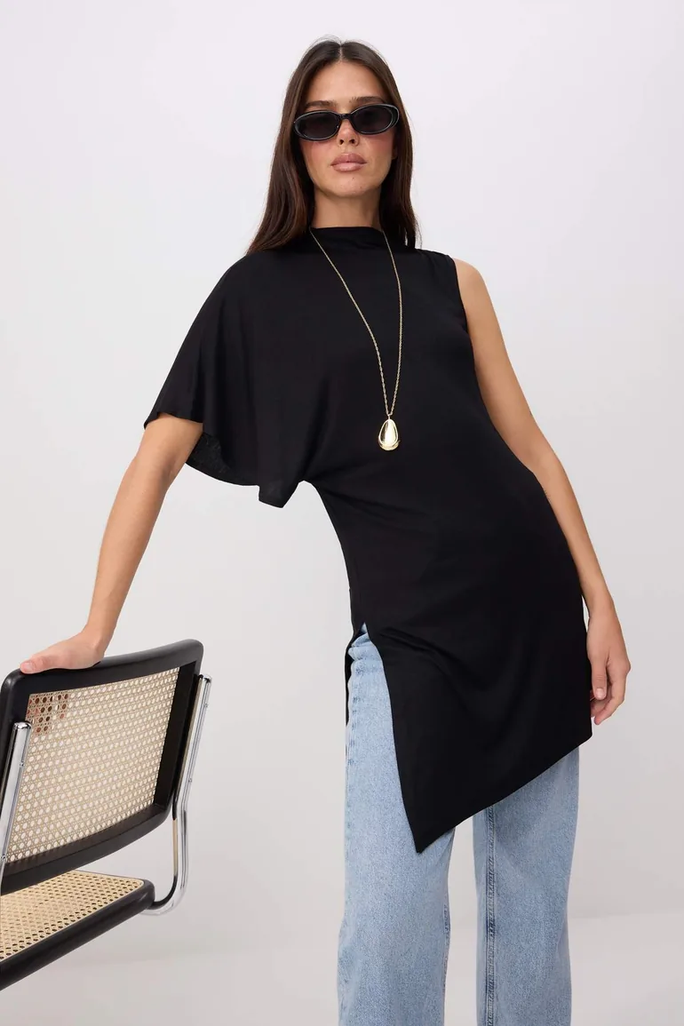 Black Regular/Normal Fit Mock Neck Yarasa Sleeve Short Sleeve Maxi Soft Knitted Blouse - 1