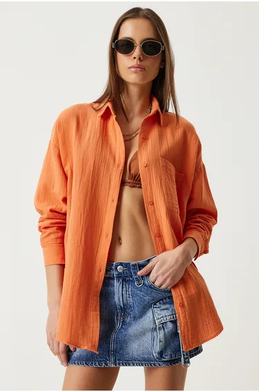 ISTANBUL Oversized Textured Cotton Shirt with Pocket