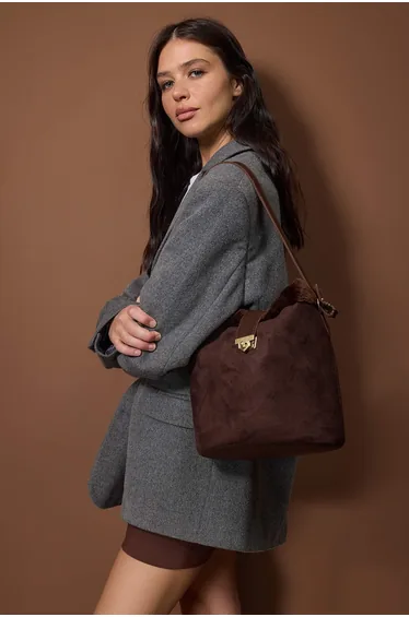 Brown Suede Plush Detailed Women's Midi Shoulder Bag