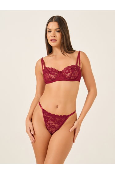 Solid Lace Non Padded Wired Bra and Thong Set