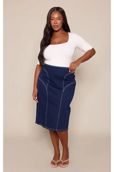Plus Indigo Denim Midi Skirt With Contrasting Stitch Detail Skirt
