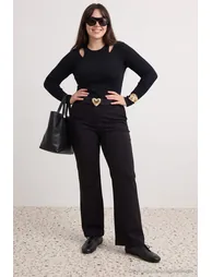 Black Heart Buckle Rubber Belt Detailed Knitted Plus Size Trousers