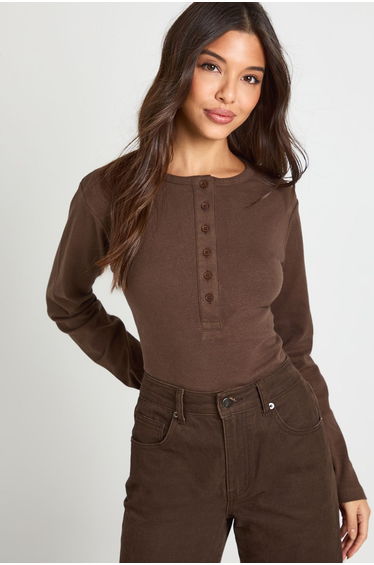 Cotton Henley Button Front Long Sleeve Top - chocolate